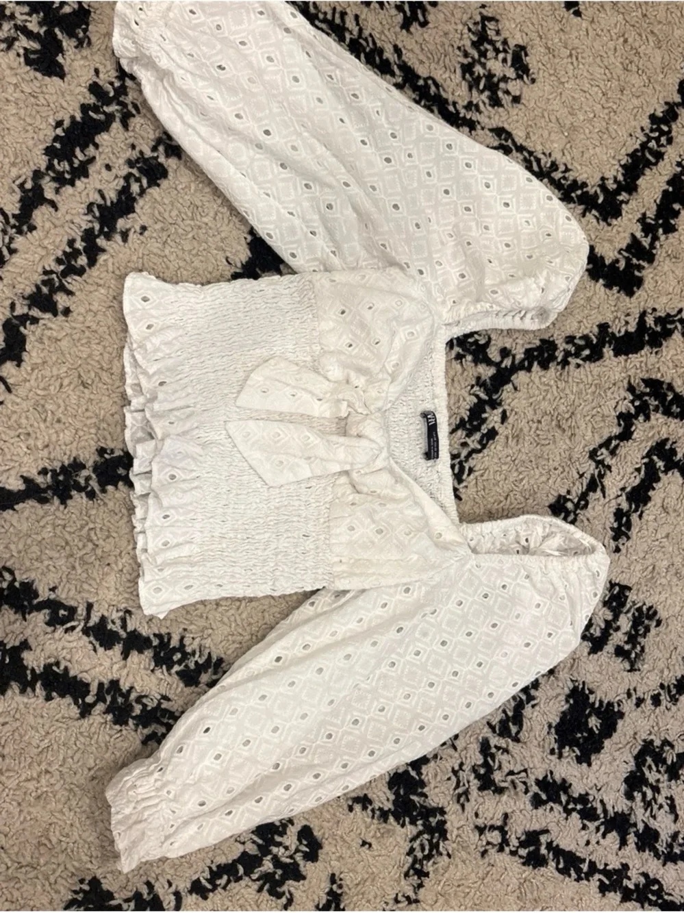 Zara White Eyelet Smocked Crop Top with Front Tie